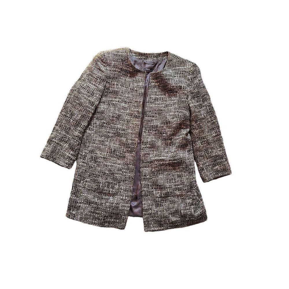 Zanella Tweed Ribbon Open Long Jacket Wool Silk Women's Small